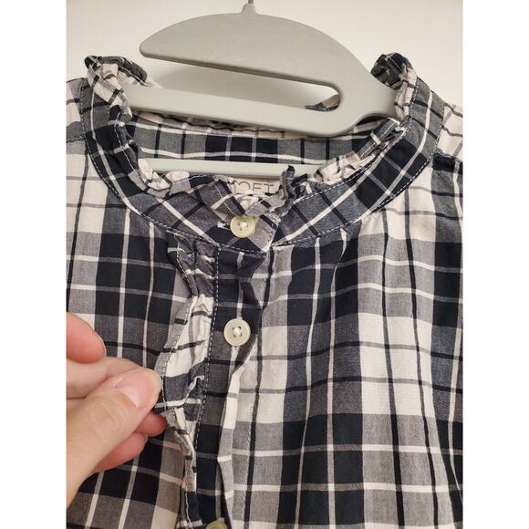 Women's LOFT Black & White Plaid Button Down Blouse w/ Ruffle Trim | Size Small - Picture 4 of 8